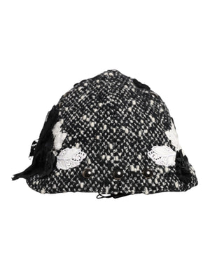 Dolce & Gabbana Black Wool White Floral Embellished Cloche Hat