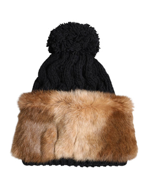 Dolce & Gabbana Black Brown Dyed Rabbit Real Fur Winter Beanie Hat