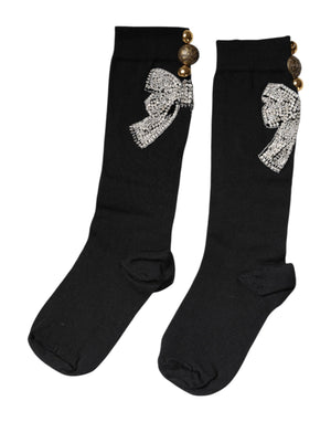Dolce & Gabbana Black Knit Floral Crystal Embellishment Socks
