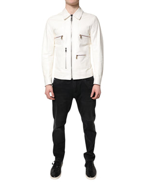 Dolce & Gabbana White Collared Full Zip Biker Coat Jacket