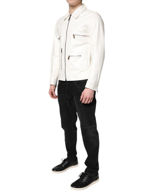 Dolce & Gabbana White Collared Full Zip Biker Coat Jacket