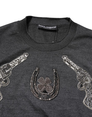 Dolce & Gabbana Gray Embroidery Knit Men Pullover Sweater