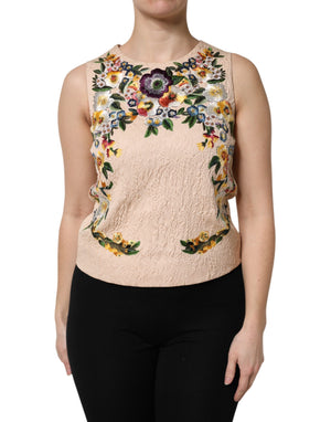 Dolce & Gabbana Beige Floral Embroidery Sleeveless Tank Top