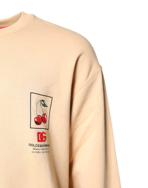 Dolce & Gabbana Beige Cherry Print Crew Neck Pullover Sweater