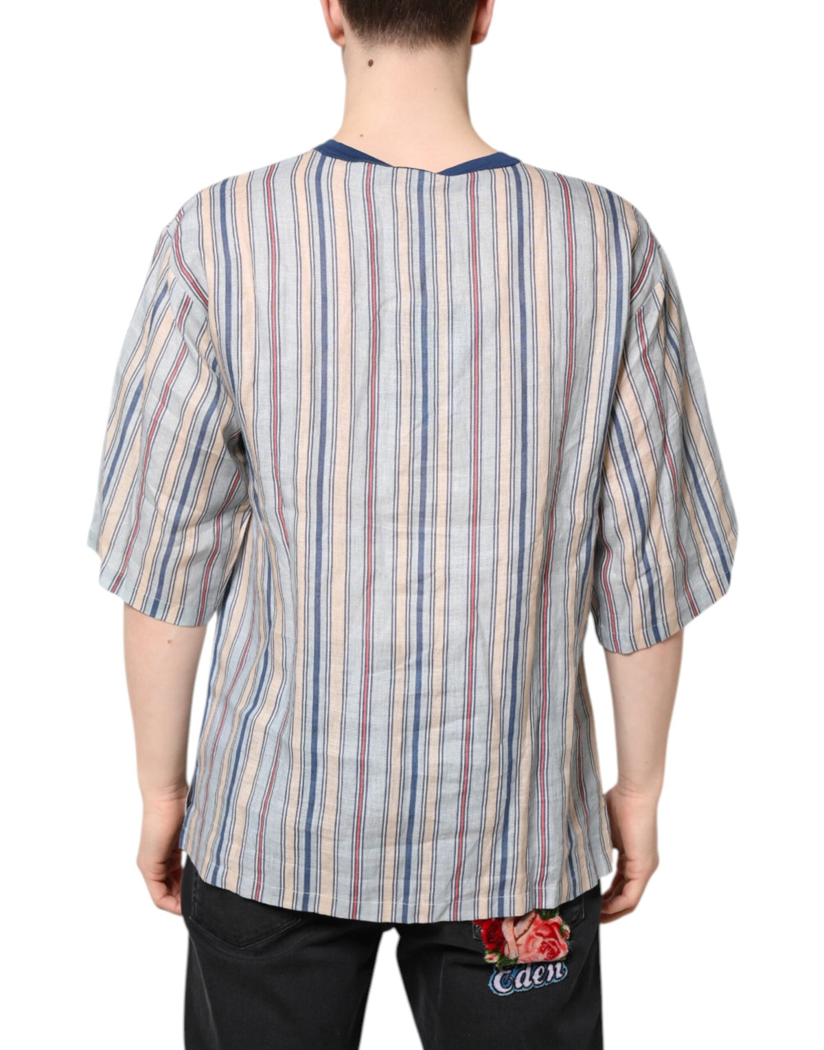 Dolce & Gabbana Multicolor Striped Pin Up Linen Round Neck T-shirt