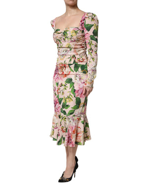 Dolce & Gabbana Pink Floral Silk Fit And Flared Midi Dress