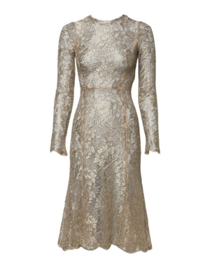 Dolce & Gabbana Gold Floral Lace Long Sleeves Fit & Flare Dress