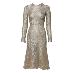 Dolce & Gabbana Gold Floral Lace Long Sleeves Fit & Flare Dress
