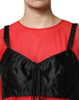 Dolce & Gabbana Red Black Bustier Detailing Long Sleeves Top
