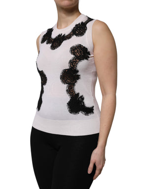 Dolce & Gabbana White Cashmere Floral Lace Detailing Tank Top