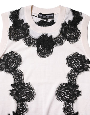 Dolce & Gabbana White Cashmere Floral Lace Detailing Tank Top