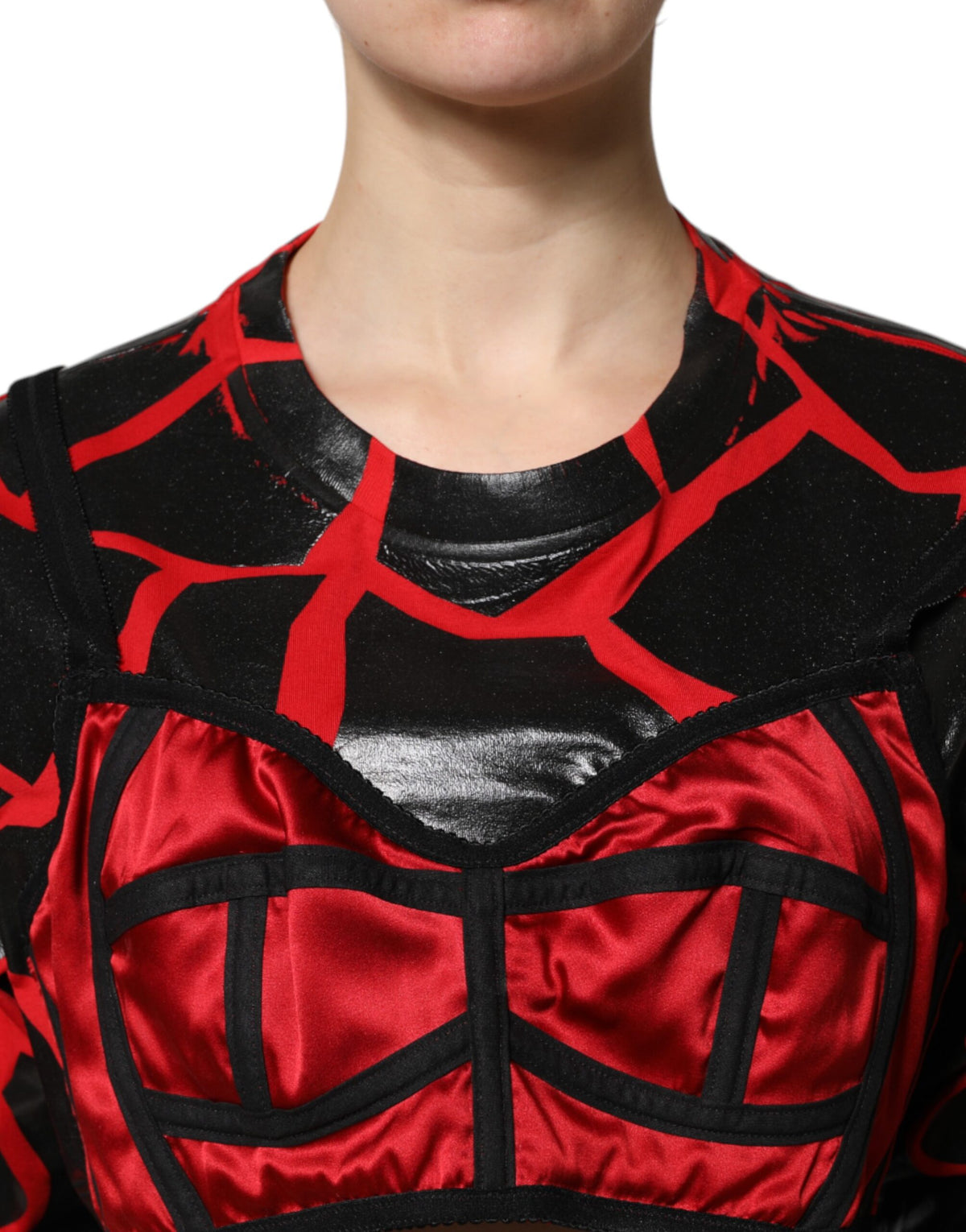 Dolce & Gabbana Red Black Cotton Bustier Detailing Cropped Top
