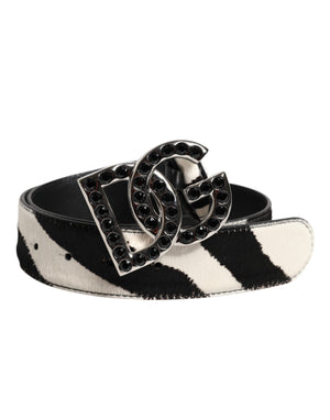 Dolce & Gabbana White Black Leather Zebra DG Crystal Buckle Belt