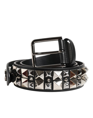 Dolce & Gabbana Black Calf Leather Studded Silver Buckle Belt