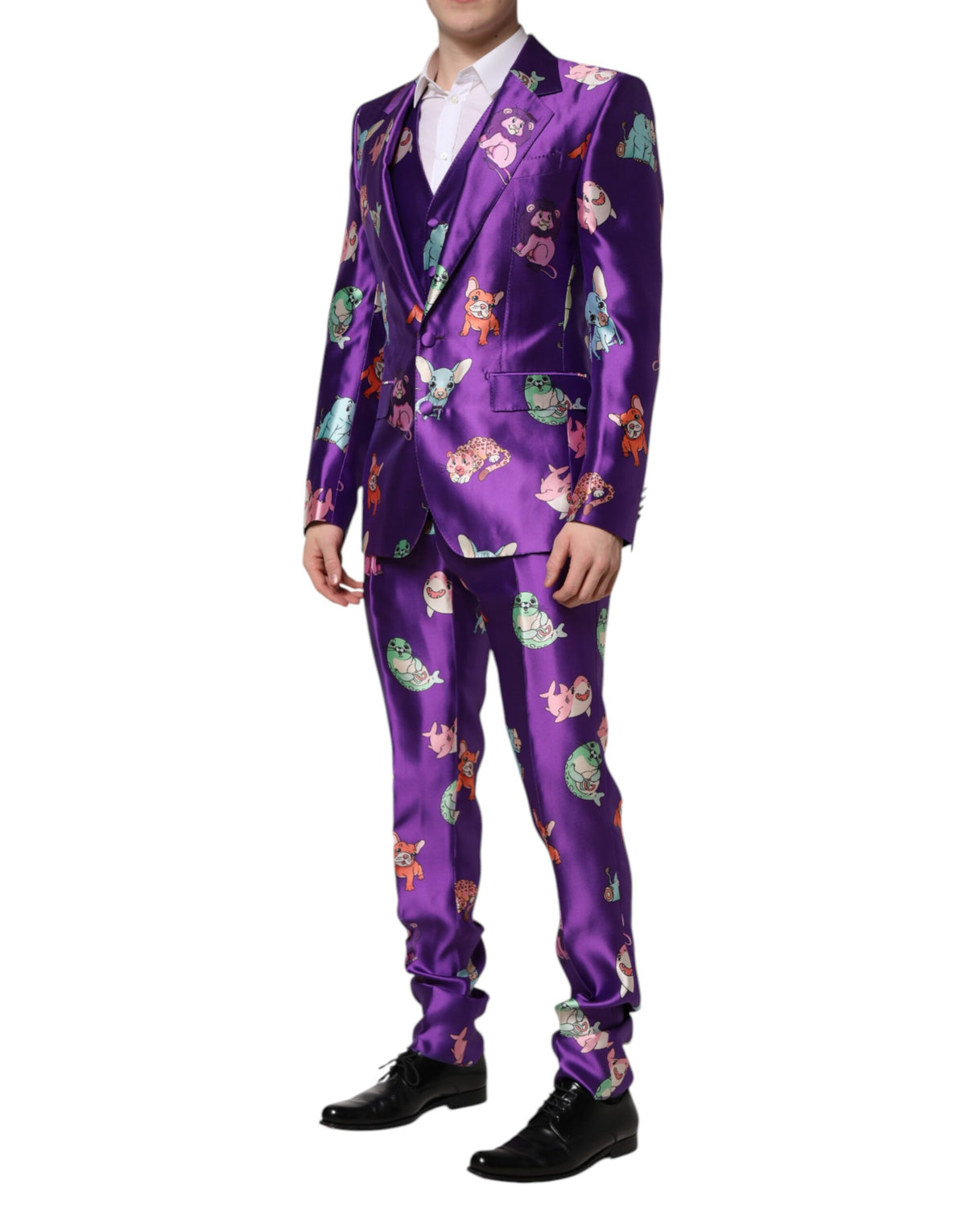 Dolce & Gabbana Purple Silk Animal Print 3 Piece Suit
