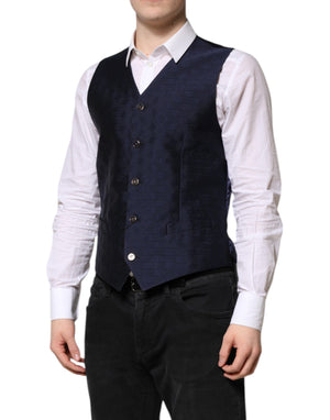 Dolce & Gabbana Dark Blue Logo Wool Formal Men Waistcoat Vest