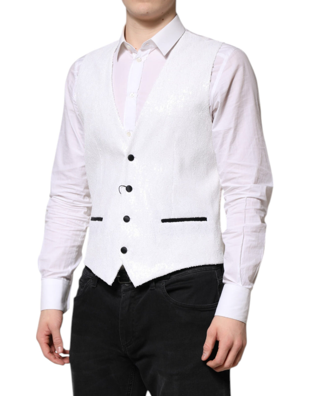 Dolce & Gabbana White Sequined Dress Formal Waistcoat Vest