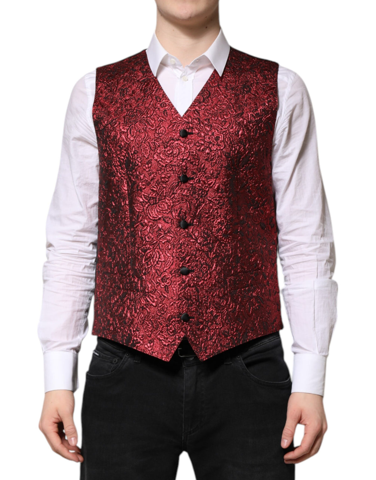 Dolce & Gabbana Red Floral Brocade Formal Men Waistcoat Vest