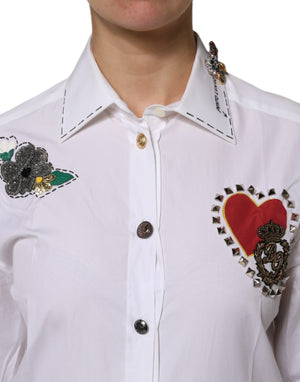 Dolce & Gabbana White Cotton Floral Embellished Shirt Top