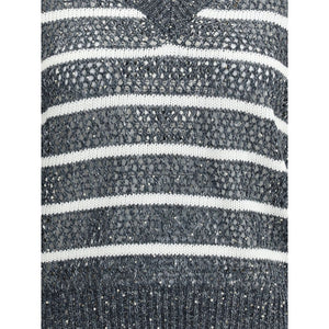 Brunello Cucinelli Blue Linen Sleeveles Sweater