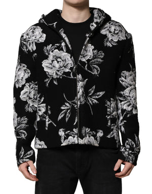 Dolce & Gabbana Black Wool Floral Printed Men Hooded Jacket