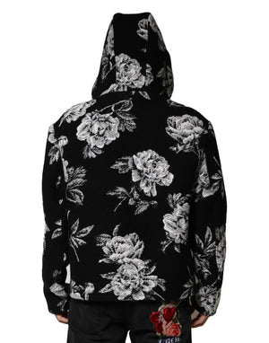 Dolce & Gabbana Black Wool Floral Printed Men Hooded Jacket
