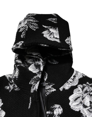 Dolce & Gabbana Black Wool Floral Printed Men Hooded Jacket