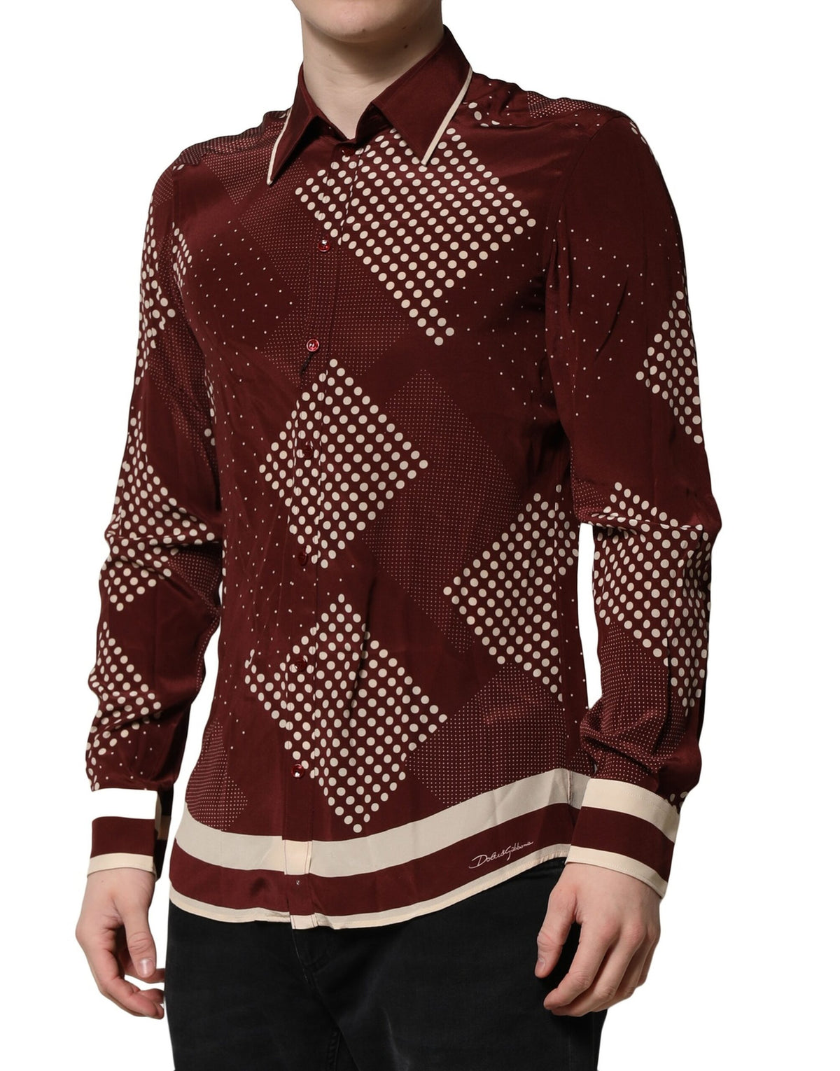 Dolce & Gabbana Maroon Dotted Silk Long Sleeve Casual Shirt