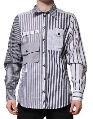 Dolce & Gabbana White Gray Striped Cotton Men Casual Shirt