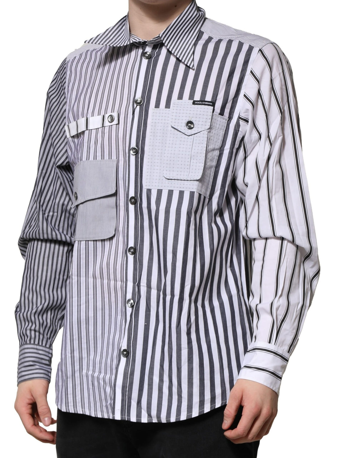 Dolce & Gabbana White Gray Striped Cotton Men Casual Shirt