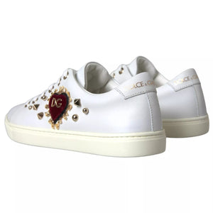 Dolce & Gabbana White Leather Gold Red Heart Sneakers Shoes