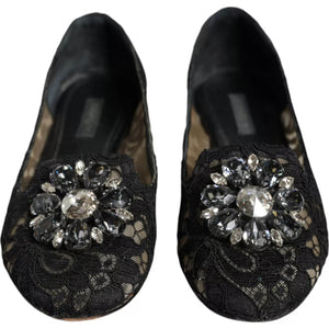 Dolce & Gabbana Black Lace Crystal Ballet Flats Loafer Shoes