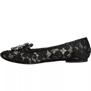 Dolce & Gabbana Black Lace Crystal Ballet Flats Loafer Shoes