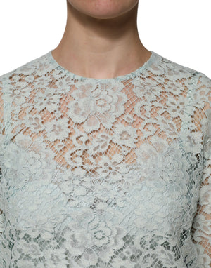 Dolce & Gabbana Mint Green Floral Lace Cotton Blouse Top