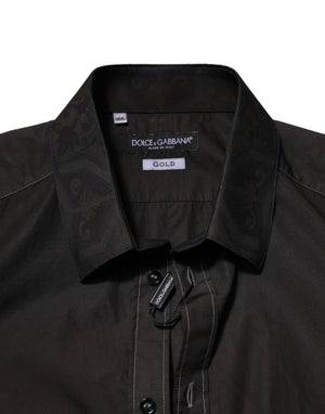 Dolce & Gabbana Black Cotton Jacquard GOLD Collar Dress Shirt