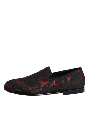 Dolce & Gabbana Red Black Jacquard Slip On Loafers Shoes