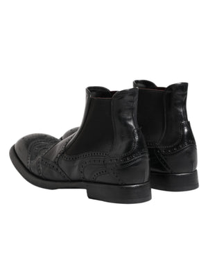 Dolce & Gabbana Black Leather Ankle Boots Slip On Shoes