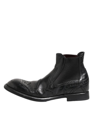 Dolce & Gabbana Black Leather Ankle Boots Slip On Shoes