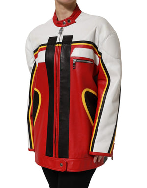 Dolce & Gabbana Multicolor Leather Biker Full Zip Coat Jacket