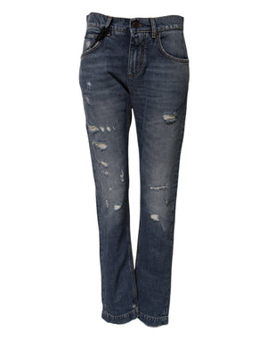 Dolce & Gabbana Blue Cotton Tattered Boyfriend Denim Jeans