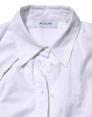 AGLINI White Cotton Collared Long Sleeves Ruffle Top Shirt