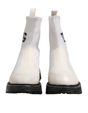 Dolce & Gabbana White Beige DG Logo Mid Calf Boots Shoes
