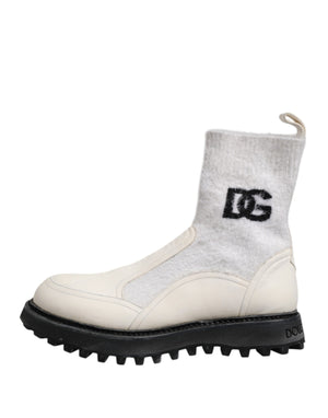 Dolce & Gabbana White Beige DG Logo Mid Calf Boots Shoes