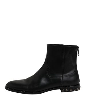Dolce & Gabbana Black Leather Logo Ankle Boots Studded Shoes