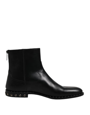 Dolce & Gabbana Black Leather Logo Ankle Boots Studded Shoes