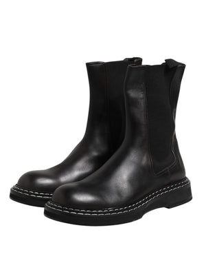 Dolce & Gabbana Black Leather Mid Calf Boots Flats Shoes