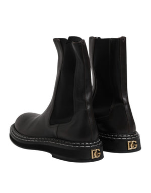 Dolce & Gabbana Black Leather Mid Calf Boots Flats Shoes