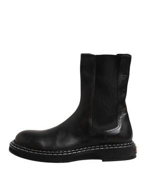 Dolce & Gabbana Black Leather Mid Calf Boots Flats Shoes