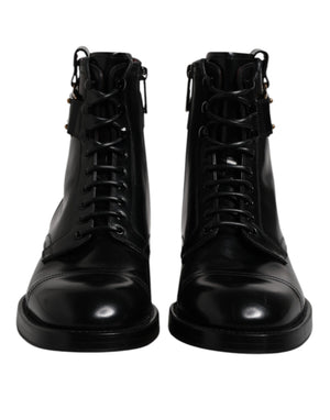 Dolce & Gabbana Black Leather Mid Calf Boots Lace Up Shoes
