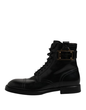 Dolce & Gabbana Black Leather Mid Calf Boots Lace Up Shoes